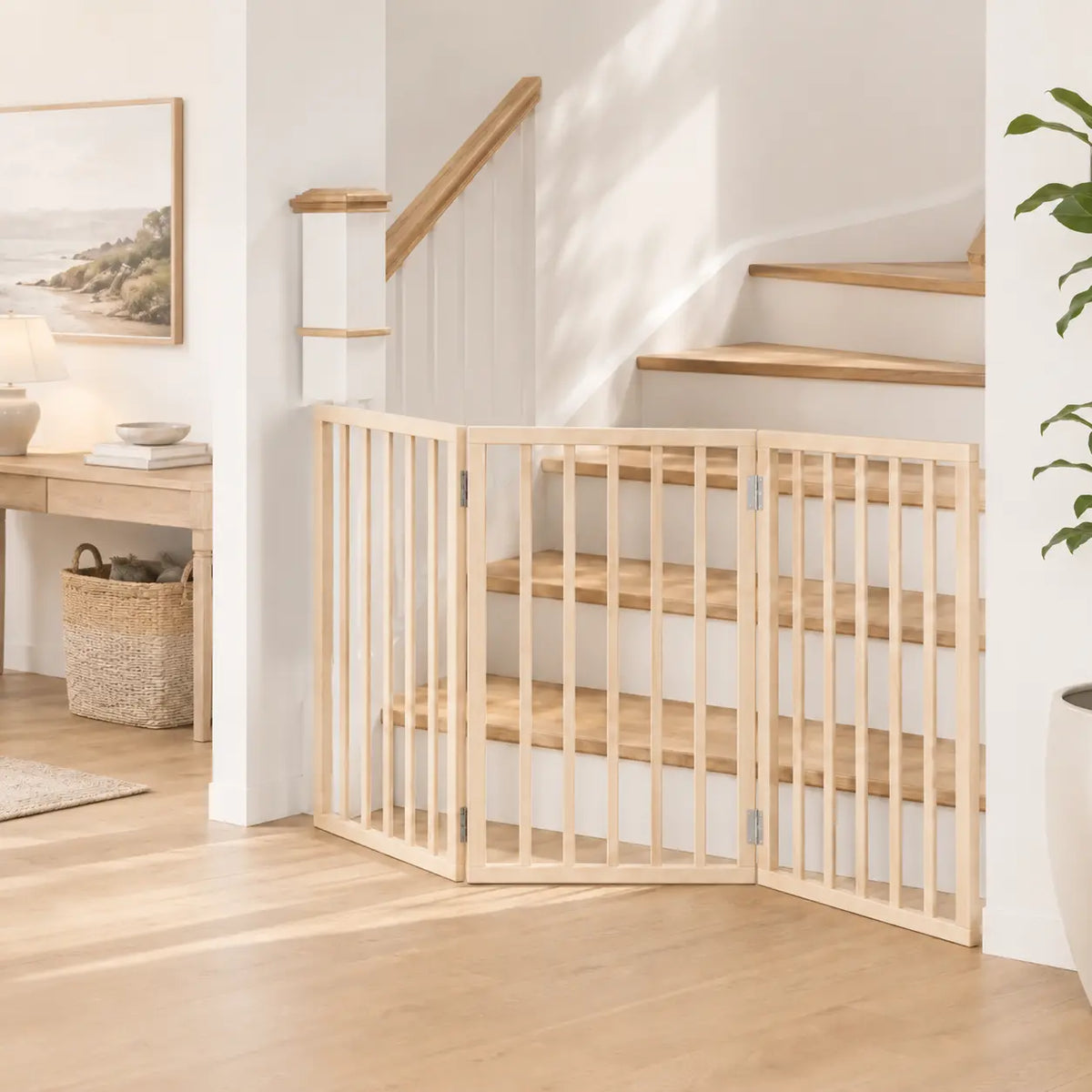Light natural wood foldable dog gate