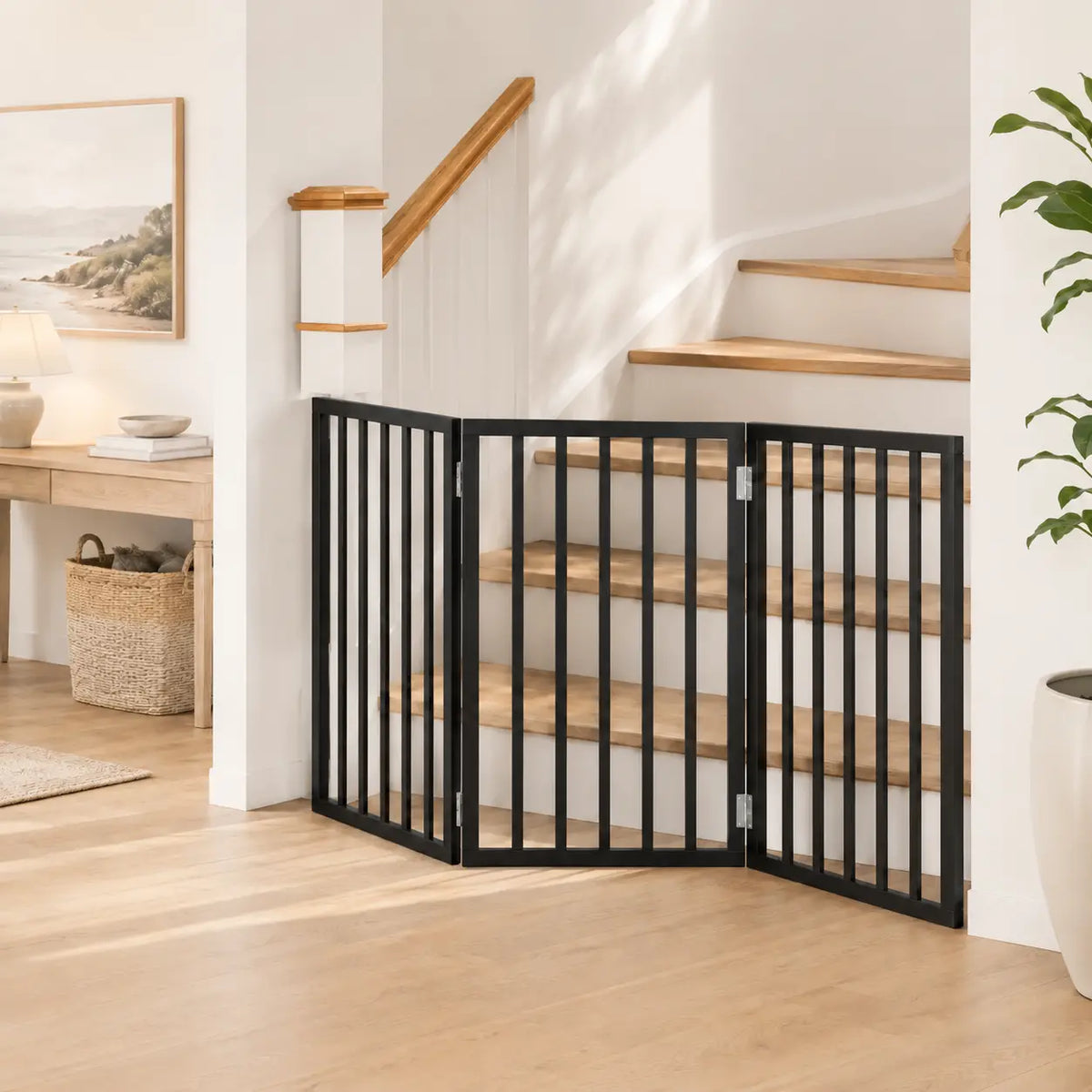Black wood foldable dog gate