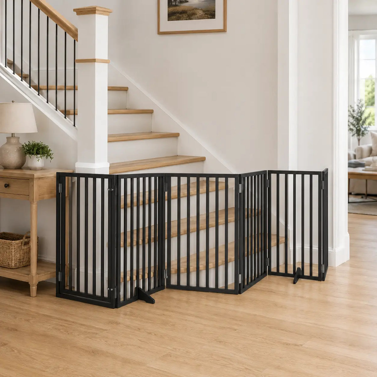 Freestanding black wood foldable dog gate with door