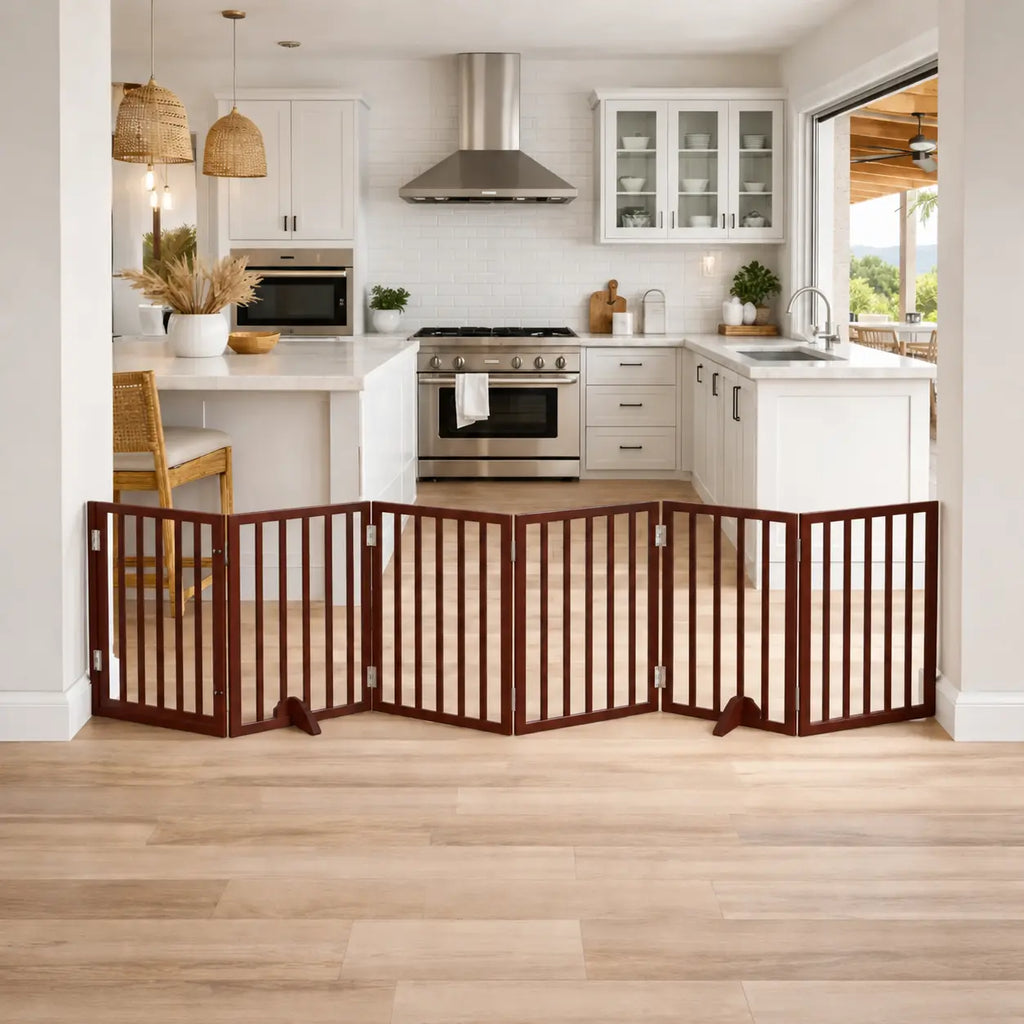 Brown foldable dog gate with door