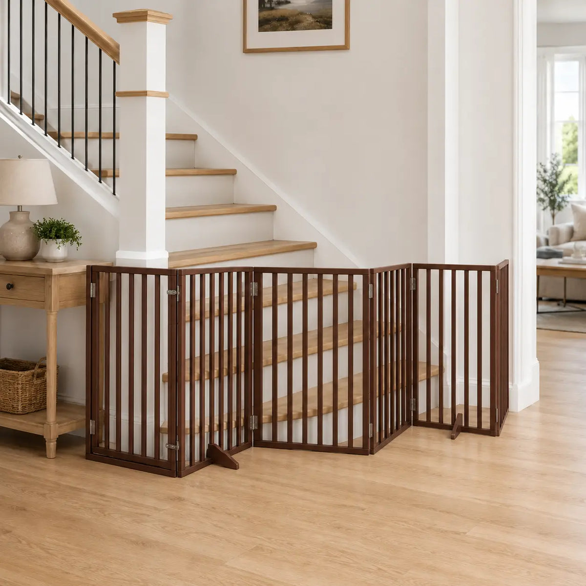 Freestanding brown wood foldable dog gate with door