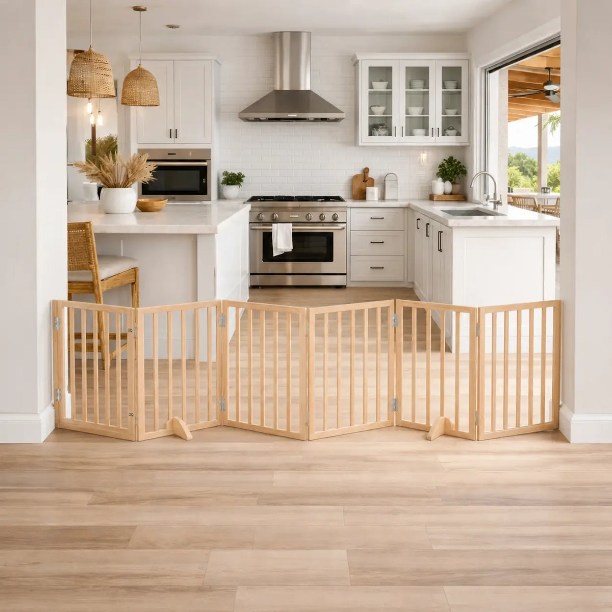 Natural wood foldable dog gate with door