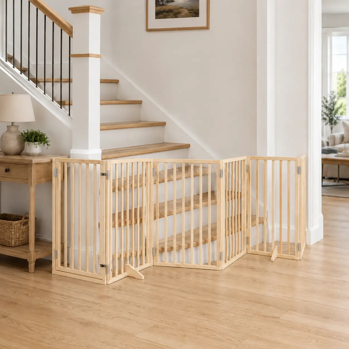 Freestanding natural wood foldable dog gate with door