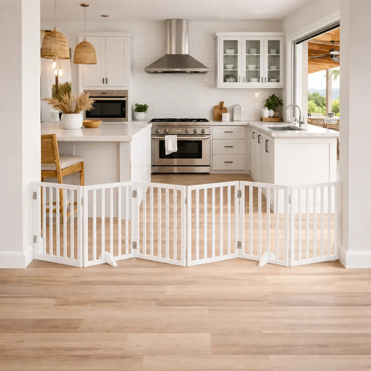 white wood foldable dog gate with door