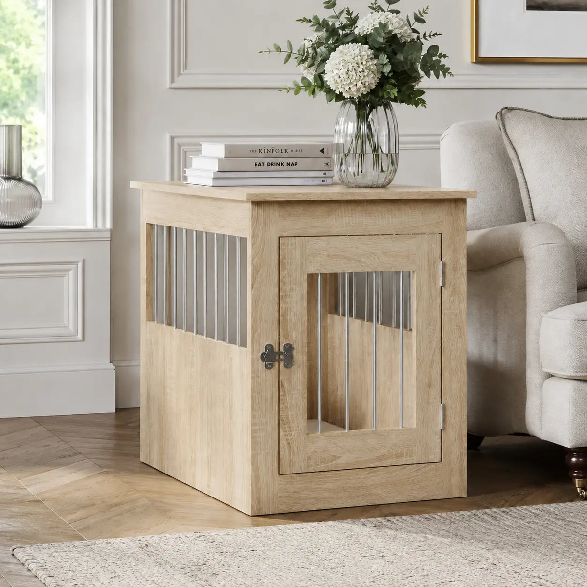Dog crate furniture in wood colour sonoma oak in living room