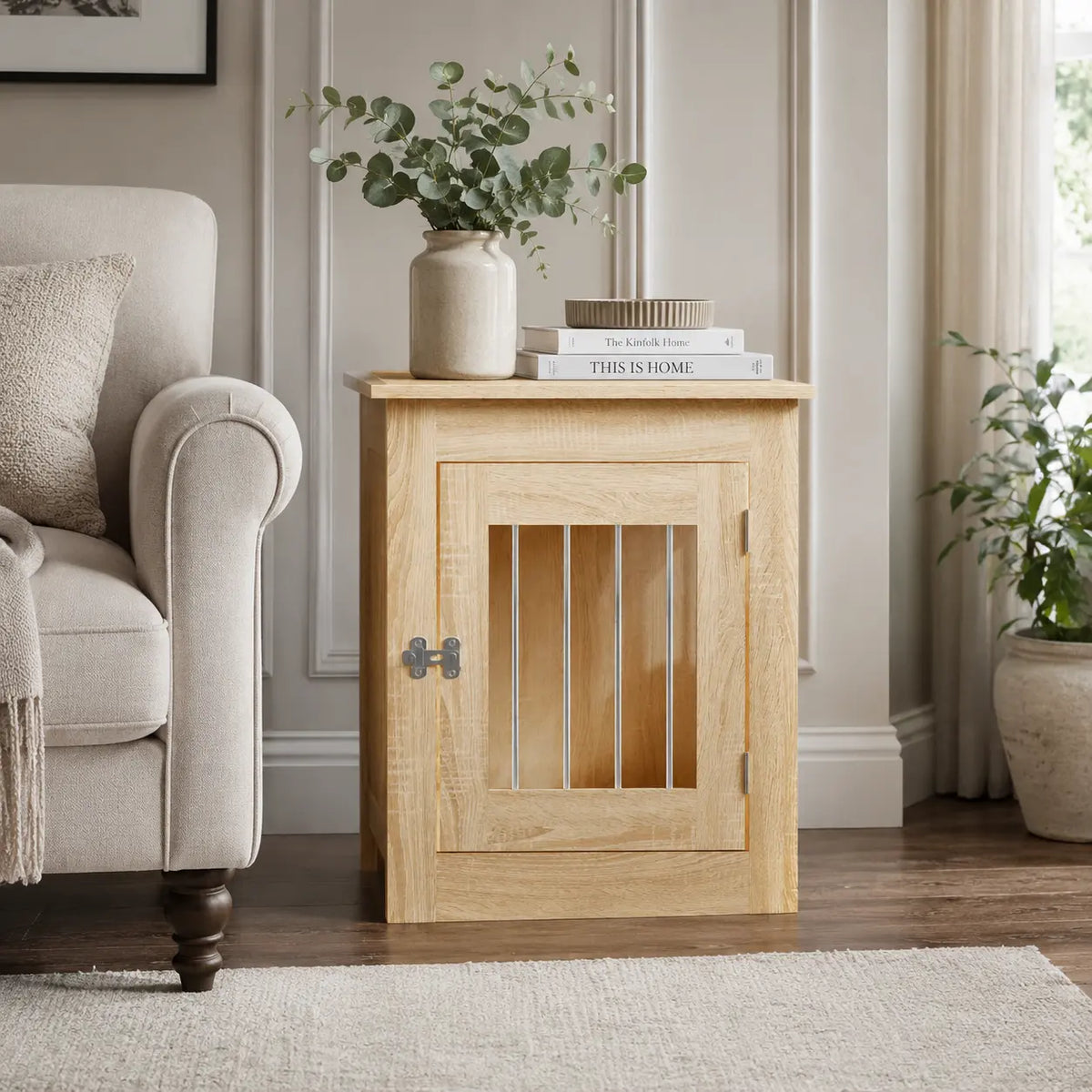 Dog crate furniture in wood colour sonoma oak in living room