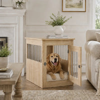 Dog crate furniture in wood colour sonoma oak in living room with dog