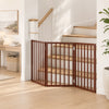 Three-panel freestanding wooden dog gate positioned in the area at the foot of a staircase