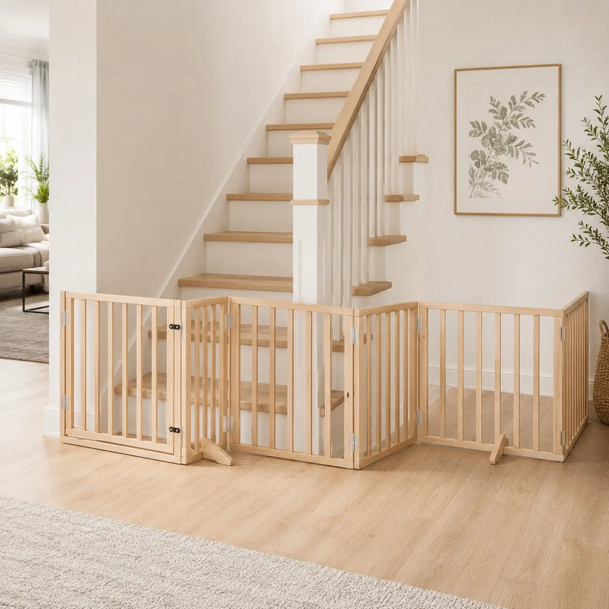 Six-panel freestanding wooden dog gate with door positioned in the area at the foot of a staircase