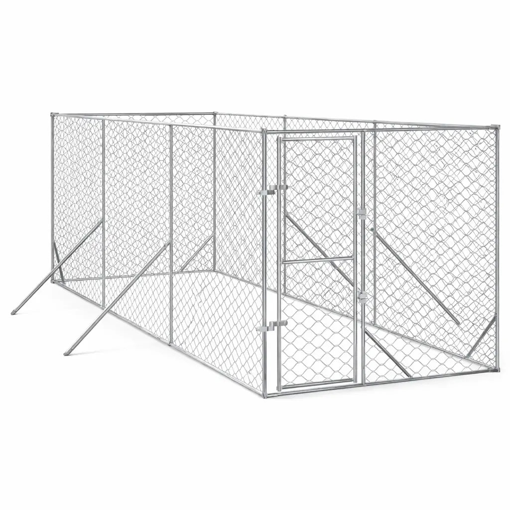 Silver galvanised steel walk-in dog run with chain-link panels and a lockable access door, on a white background