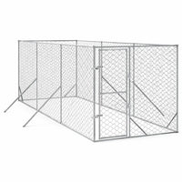 Silver galvanised steel walk-in dog run with chain-link panels and a lockable access door, on a white background
