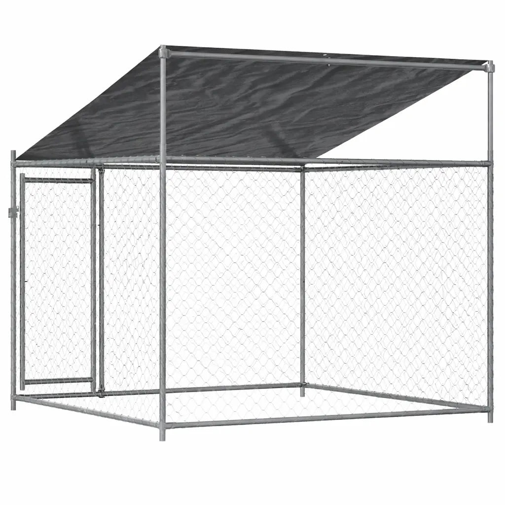 Rear view of the outdoor dog kennel showing the mesh back panel and the roof cover fixings