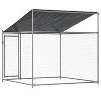 Rear view of the outdoor dog kennel showing the mesh back panel and the roof cover fixings