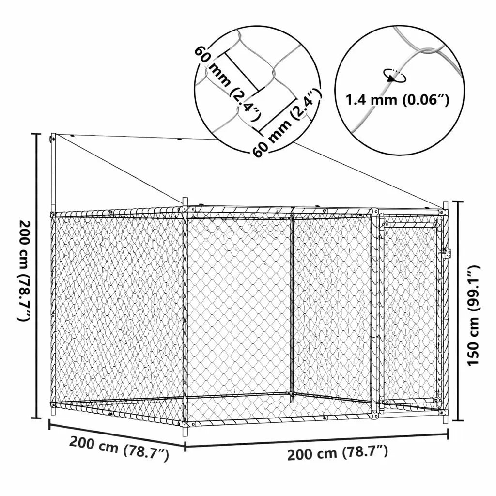 Front elevation of the 2 x 2 x 2 m dog kennel with dimensions marked, including the 45 x 127 cm door