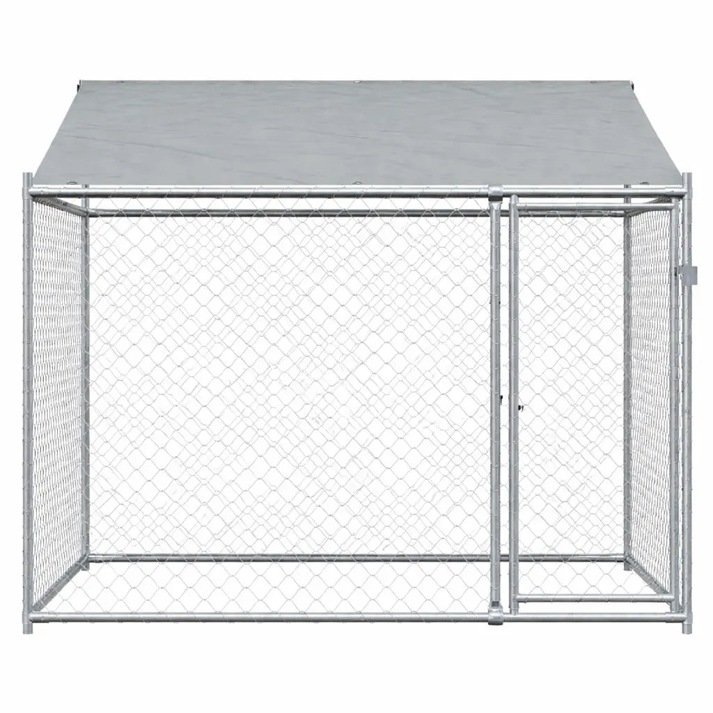 Front view of the walk-in dog kennel with the mesh door closed on its lockable latch