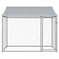 Front view of the walk-in dog kennel with the mesh door closed on its lockable latch
