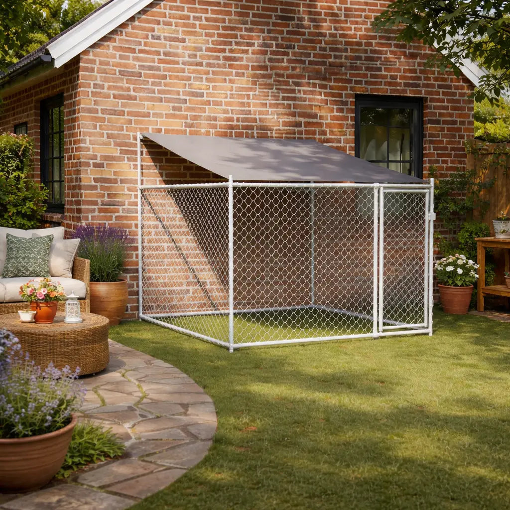 Two metre square walk-in dog kennel with roof cover installed on a lawn in a garden