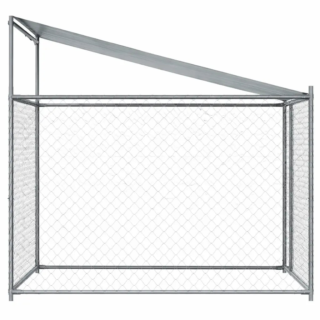 Side view of the galvanised steel dog kennel showing the fabric roof line and 60 mm mesh panel