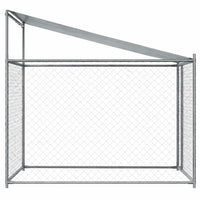 Side view of the galvanised steel dog kennel showing the fabric roof line and 60 mm mesh panel