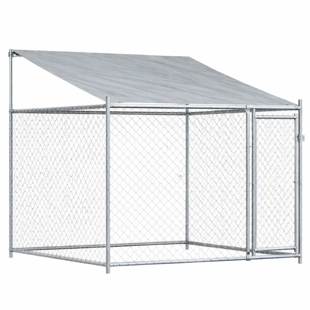 Grey galvanised steel outdoor dog kennel with fabric roof and lockable door, 2 x 2 x 2 m, on a white background
