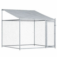 Grey galvanised steel outdoor dog kennel with fabric roof and lockable door, 2 x 2 x 2 m, on a white background
