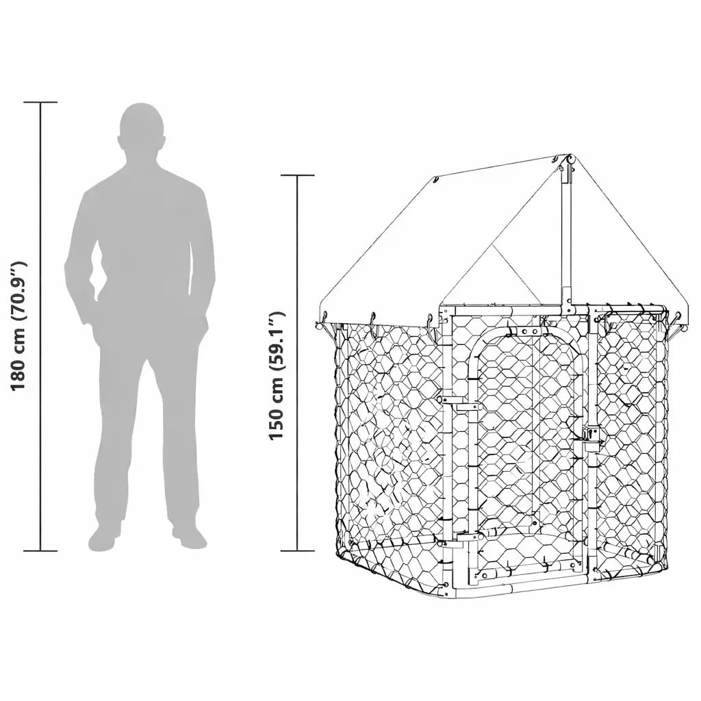 Scale comparison showing the 150 cm tall outdoor dog kennel beside an adult human silhouette