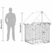 Scale comparison showing the 150 cm tall outdoor dog kennel beside an adult human silhouette