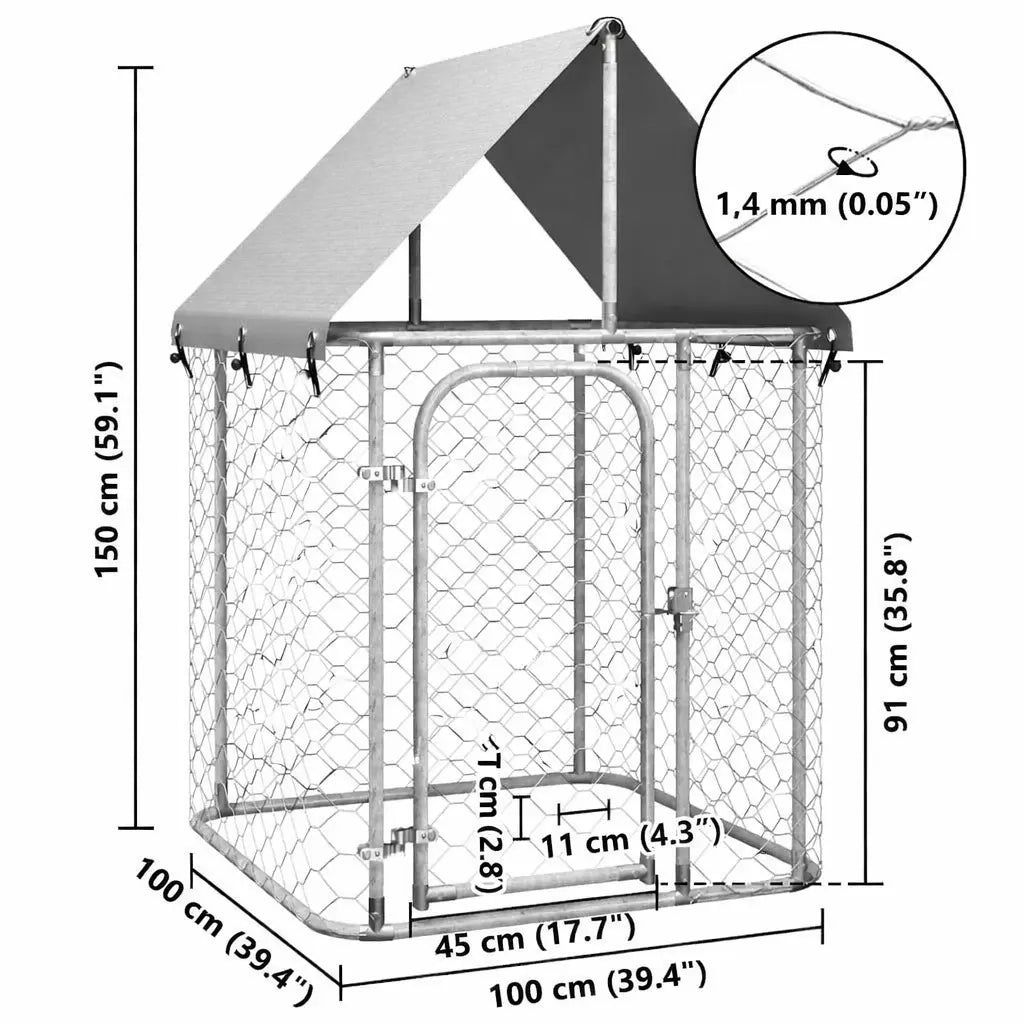 Dimension diagram of the 100 x 100 x 150 cm outdoor dog kennel showing the 45 x 91 cm door opening