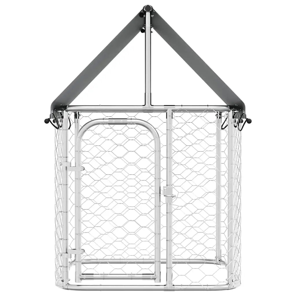 Front view of the outdoor dog kennel with roof showing the hinged mesh door and its lockable latch