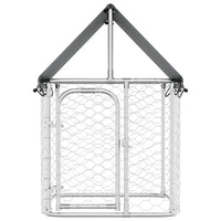 Front view of the outdoor dog kennel with roof showing the hinged mesh door and its lockable latch