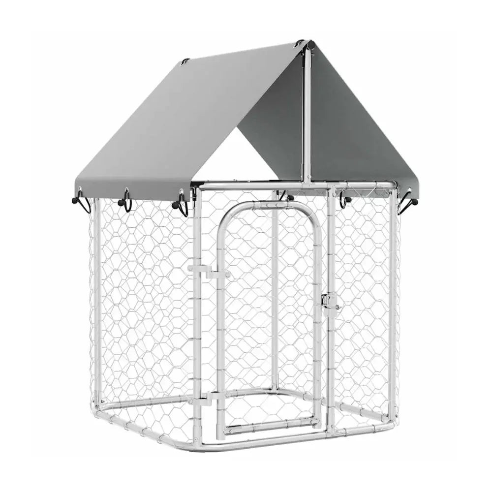Silver galvanised steel outdoor dog kennel with polyethylene roof cover and mesh panels, 100 x 100 x 150 cm, on a white background