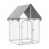 Silver galvanised steel outdoor dog kennel with polyethylene roof cover and mesh panels, 100 x 100 x 150 cm, on a white background