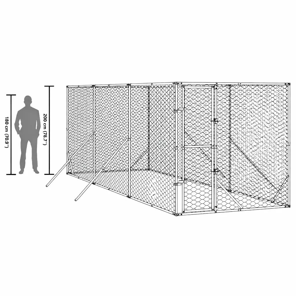 Scale comparison showing the 2 m high dog run alongside an adult human silhouette