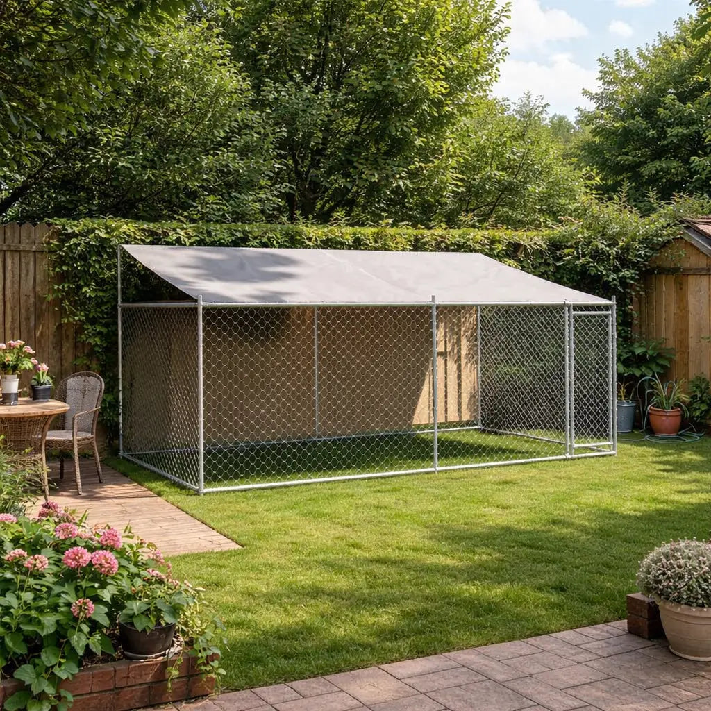 XL outdoor dog kennel with roof installed on a garden lawn, four metre long galvanised steel enclosure